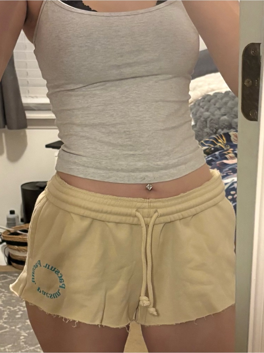 PacSun Pale Yellow Drawstring Athletic Shorts with Teal Logo